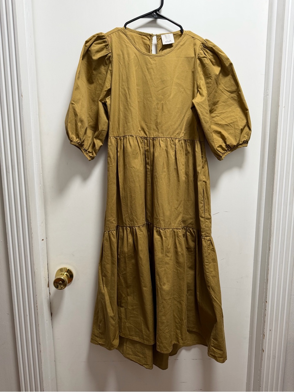 Elloh Tiered Poplin Dress Olive Sz S Puffed Sleeves Flowy Silhouette Pockets
